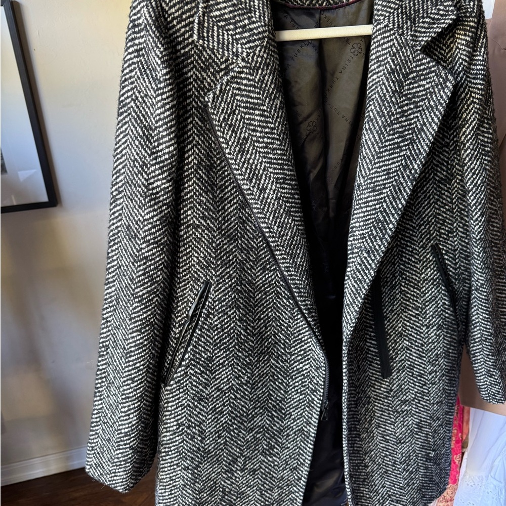 Trina Turk Black and White Herringbone Trench Coat